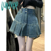 Lunivop Y2K Vintage Mini Denim Skirt Women High Waist Pleated A Line Jeans Skirts Harajuku